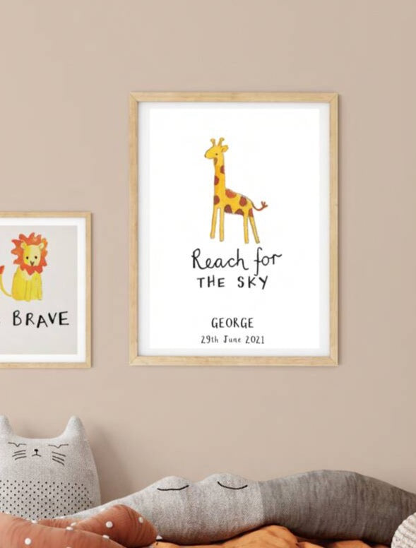 Personalised 'Reach For The Sky' Giraffe Wall Art Print - Ruby and Rafe