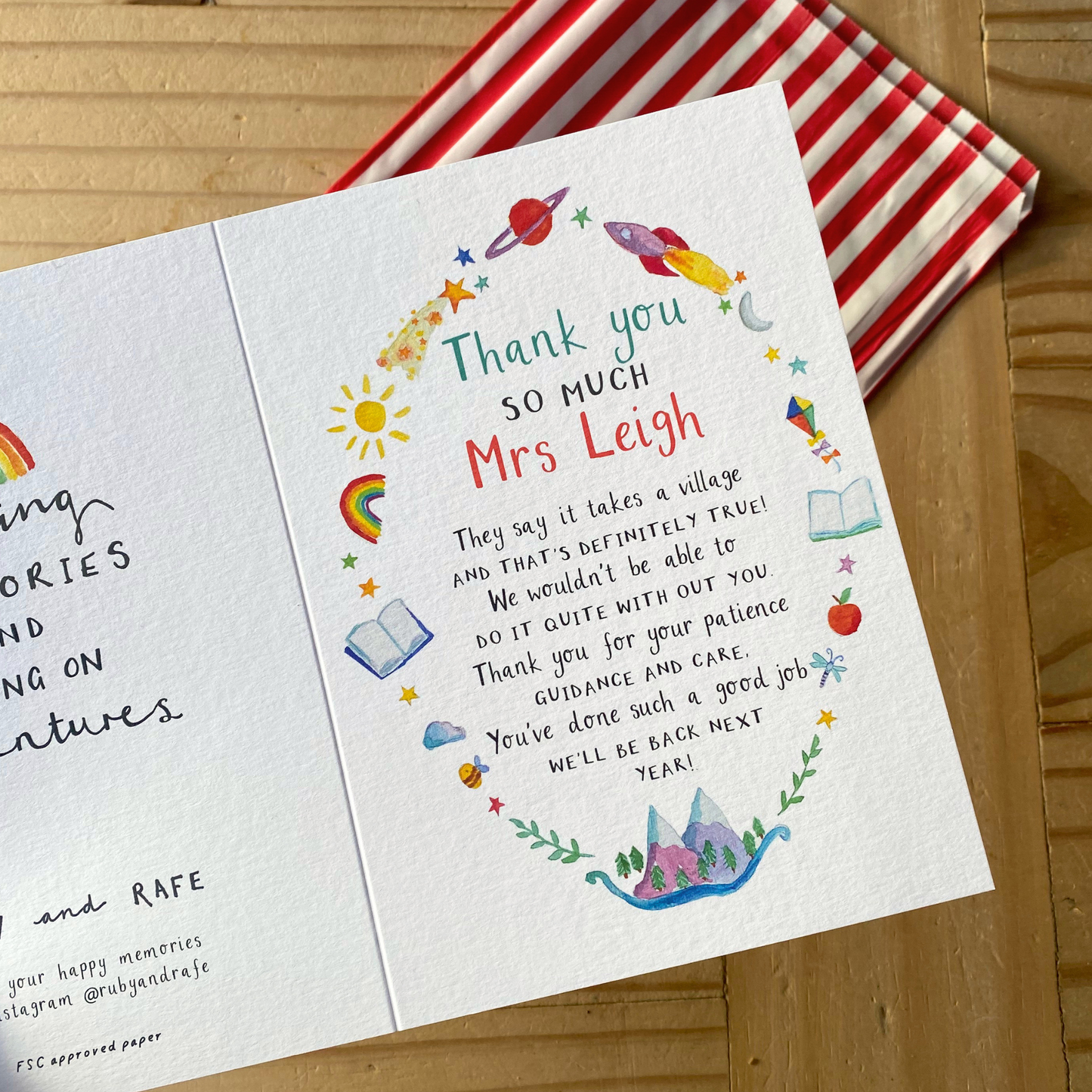 A personalised thank you card for a teacher, featuring watercolor illustrations and a custom name.