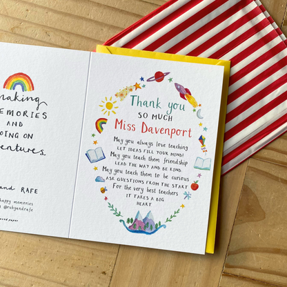 white greetings car with watercolour illustrations and a poem headed with the personalised name of a teacher with matching yellow envelope