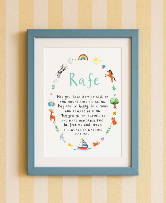 A personalized A4 wall art print in a blue frame, featuring an inspirational poem with illustrations of a sun, rainbow, and other watercolour drawings, intended as a gift for a child.