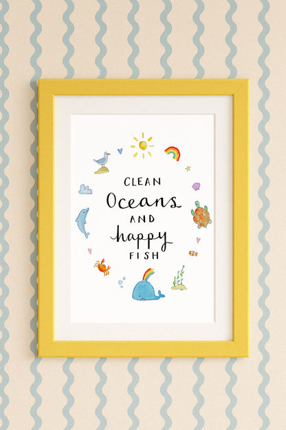 Clean Oceans and Happy Fish A4 Wall Art Print