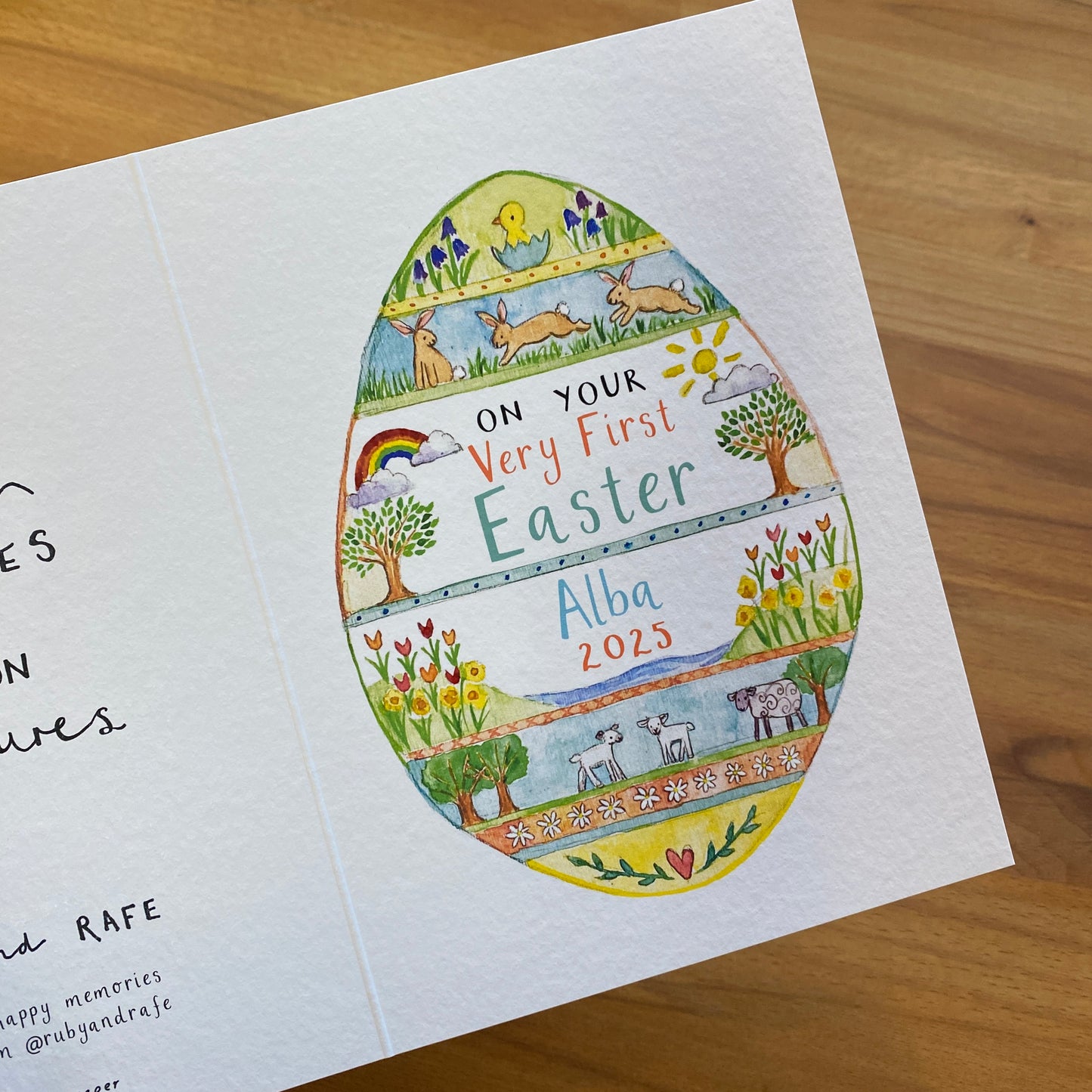 white greetings card with water colour easter egg design and personalised text