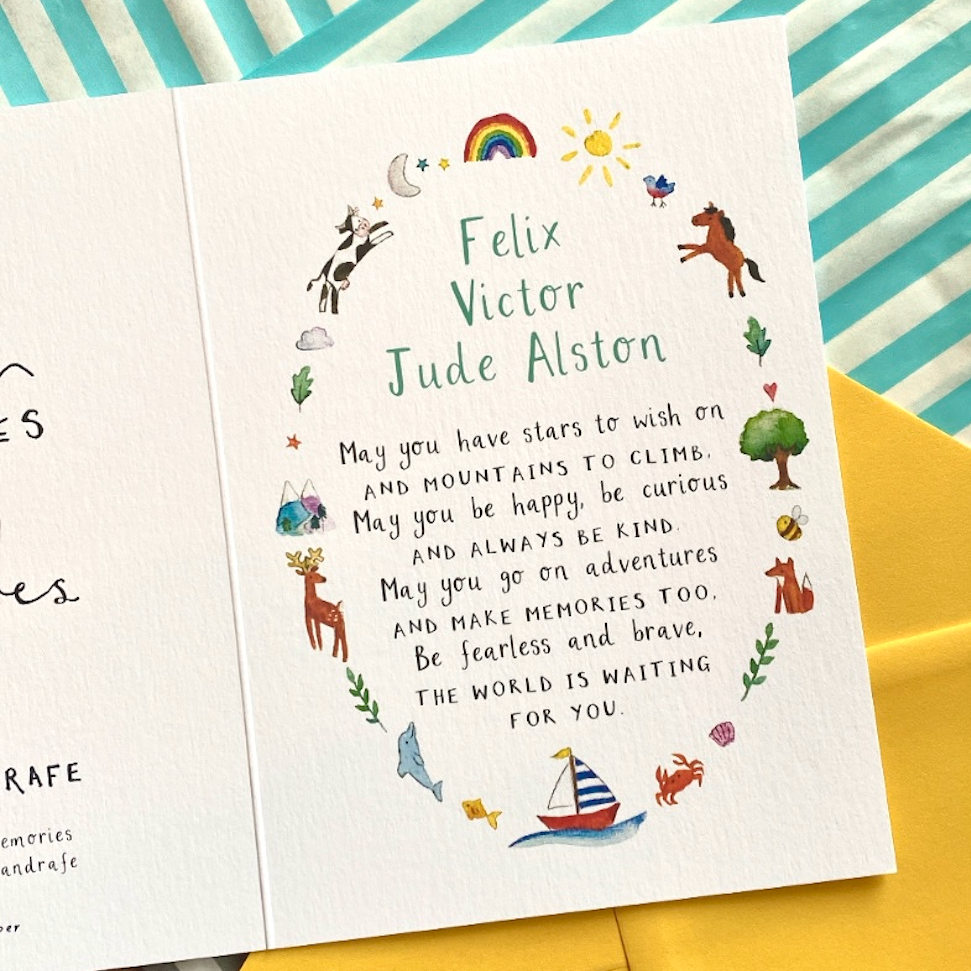 white greetings card featuring a circle of watercolour illustrations with personalised child's name and poem in the middle