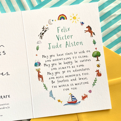 white greetings card featuring a circle of watercolour illustrations with personalised child's name and poem in the middle