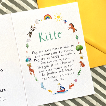 white greetings card with watercolour animal illustrations, personalised child's name and poem