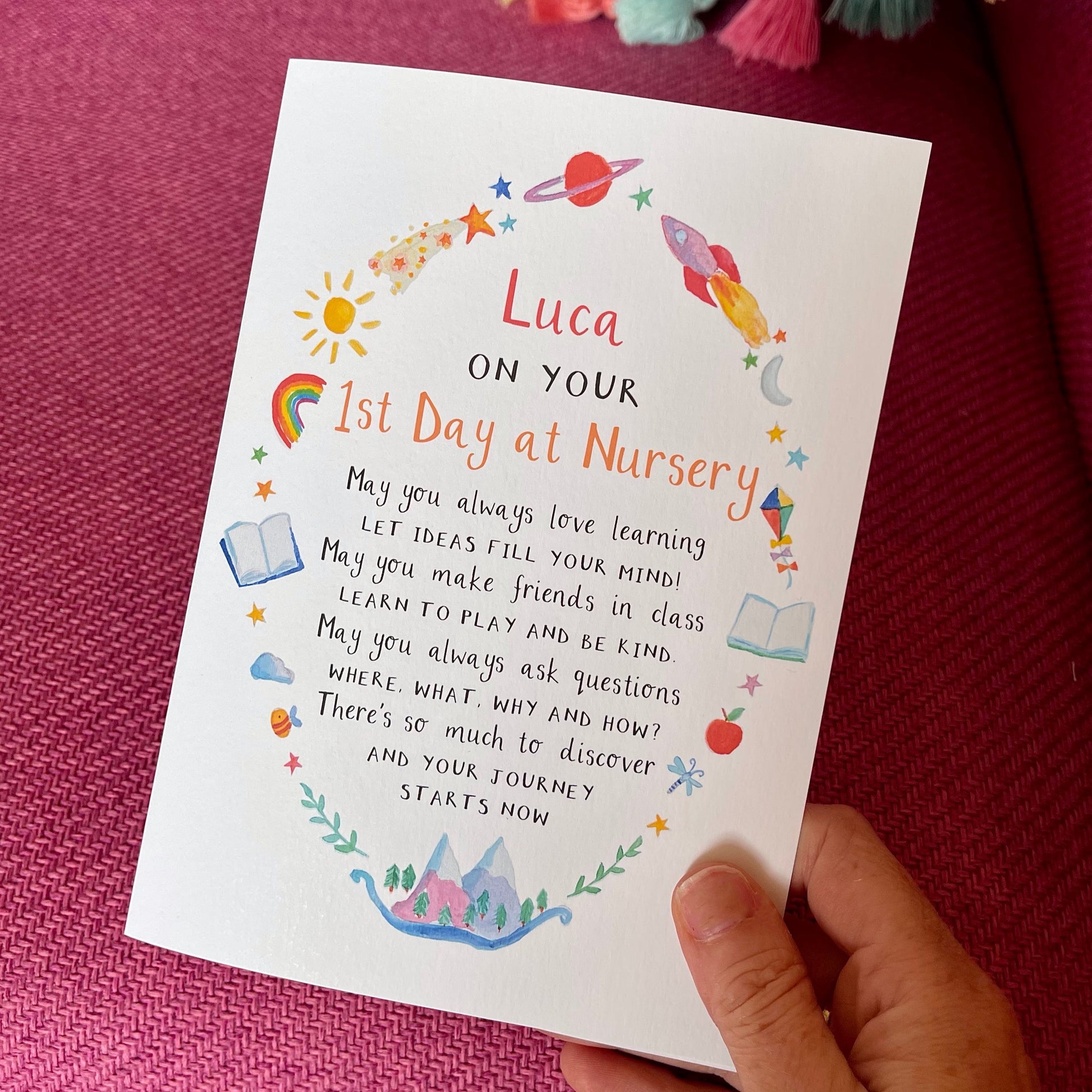 Ruby and Rafe Hand illustrated greetings card featuring Personalised name and poem for their first day at nursery