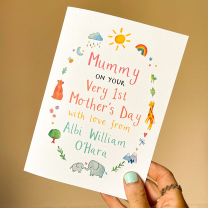 hand holding a greetings card featuring watercolour illustrations and personalised text for mums 1st mother's day