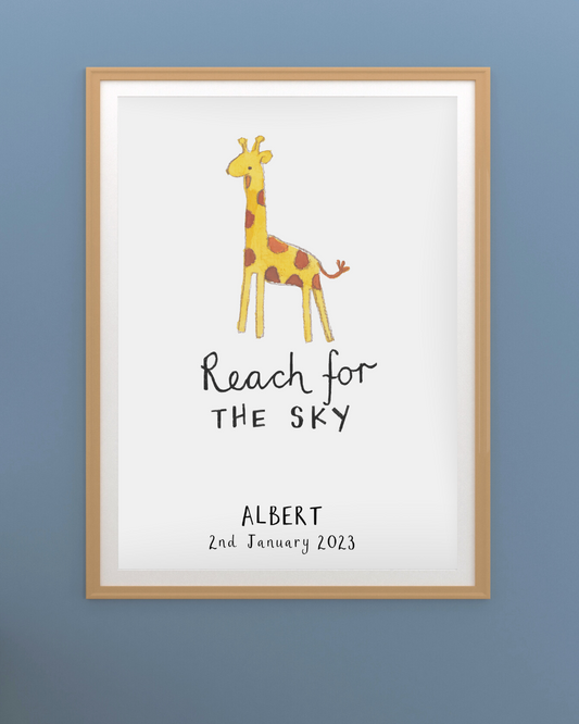 Personalised 'Reach For The Sky' Giraffe Wall Art Print