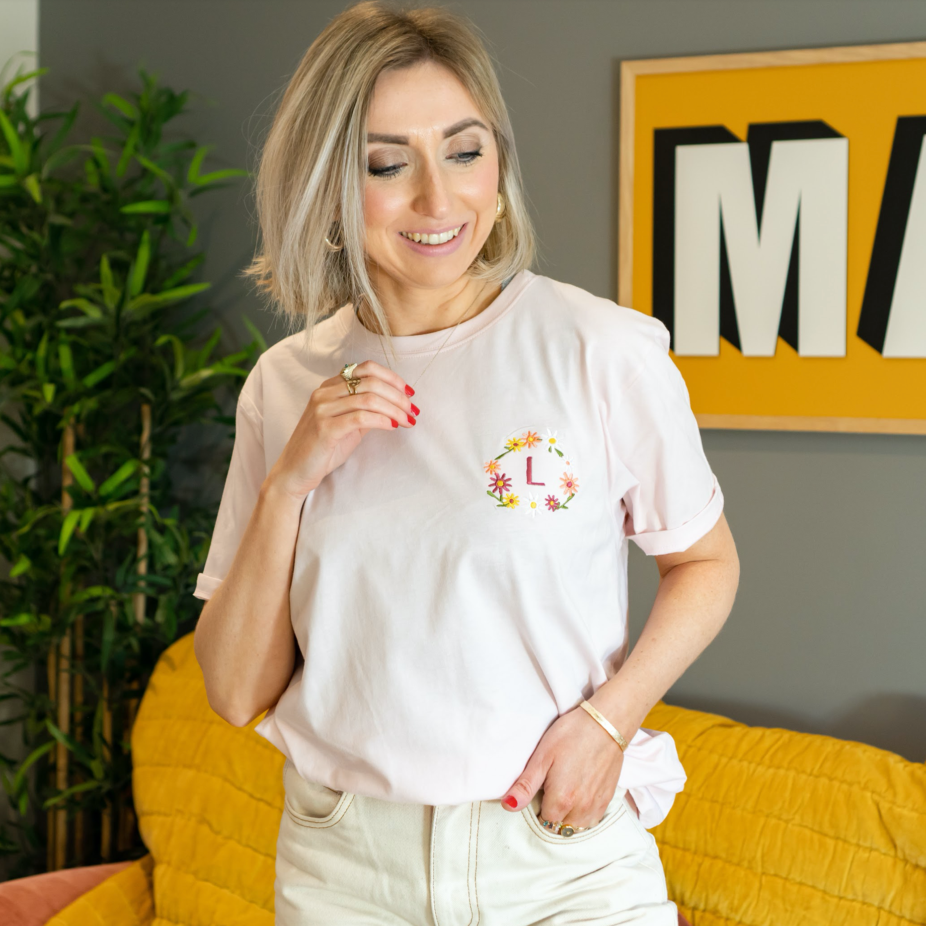 Embroidered Personalised Floral Initial T Shirt - Ruby and Rafe