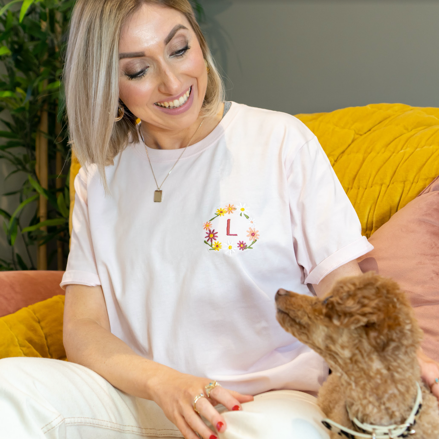 Embroidered Personalised Floral Initial T Shirt - Ruby and Rafe