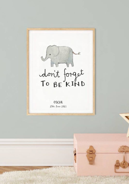 Personalised 'Be Kind' Elephant Wall Art Print - Ruby and Rafe